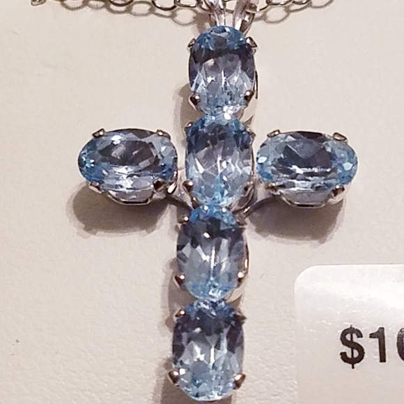 Genuine blue topaz cross necklace 925 SS - Picture 3 of 6